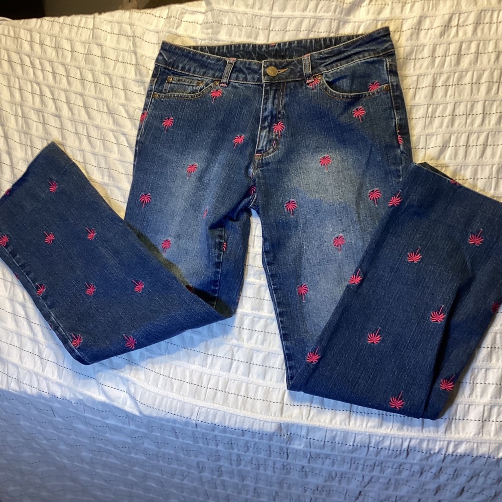 Lilly Pulitzer Pink Embroidered Palm Tree Blue Denim Straight Leg Jeans Size 4
